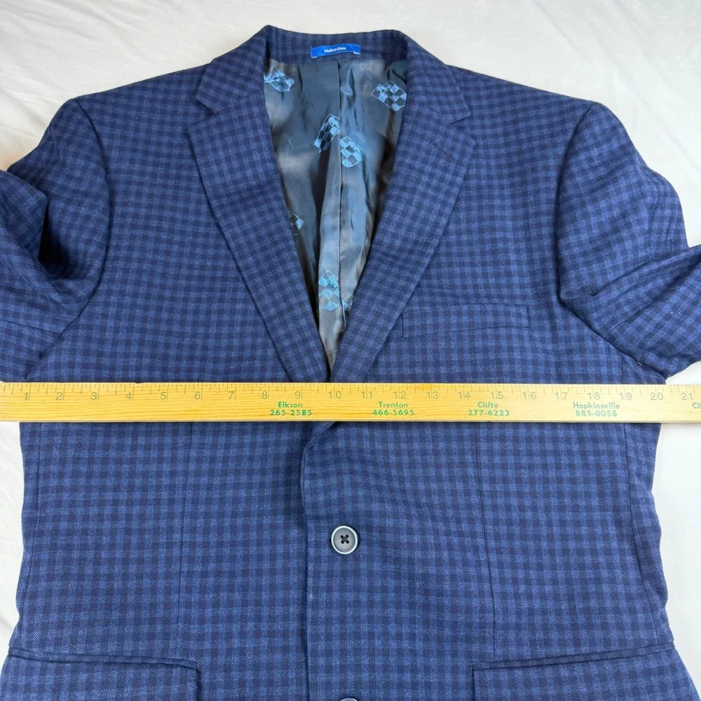 Vince Camuto Mens 42R Navy Blue Gingham 100% Wool Modern Fit Blazer Sport Coat